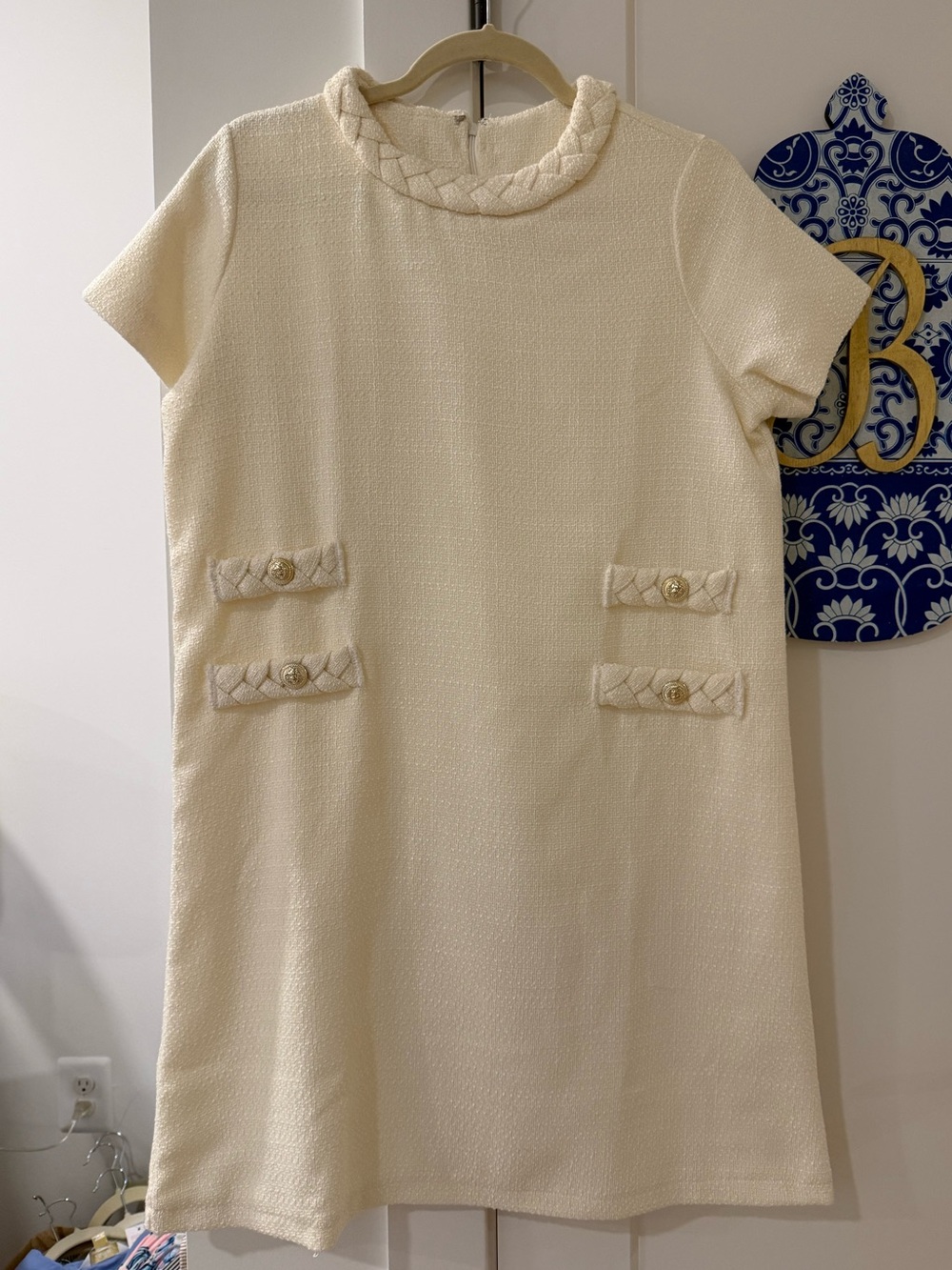 Off-White Shift Dress with Braided Trim